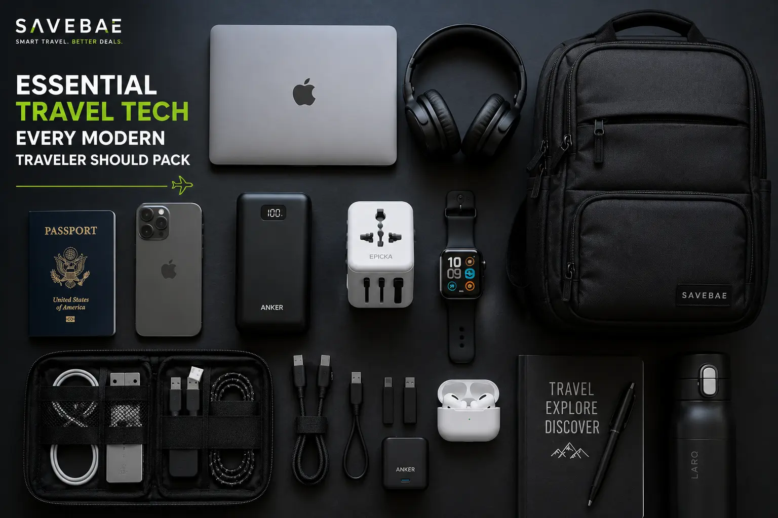Travel tech essentials checklist with backpack, laptop, power bank, universal adapter, headphones, and travel accessories